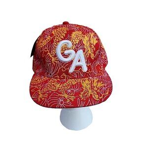 Gold Imperial Dragon Print Embroidered GA Red Canvas Hat Cap By Haina Size 7 3/8